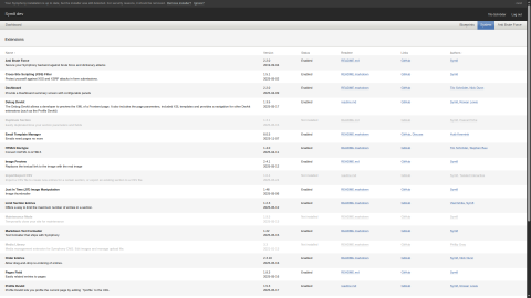 Screenshot of the Sym8 backend Extensions page
